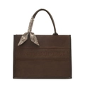 Retro dark brown tote bag in suede texture with logo embroidery and paisley silk scarf - Coffee (Large)