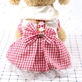 Elegant red plaid dog dress with large bow, pink silk roses and white lace trim - Plaid Dress Red