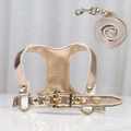 Detail of rose gold dog harness set with glossy faux leather and golden metal hardware - S (Up to 4kg Pets) / Gold