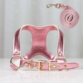 Metallic pink leather dog harness and leash set with premium gold metal hardware - S (Up to 4kg Pets) / Rose Pink