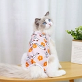 Close-up of pink pet recovery suit with cartoon goose pattern on a seated cat - S / Yellow With White Swan