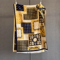 Dicker Paisley-Jacquard-Schal in Marineblau, Senfgelb und Beige mit Fransen - Gelbes Patchwork