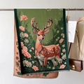 Double-sided warm scarf featuring a forest deer and floral jacquard with fringe - Grass Green