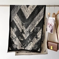 French retro oversized scarf with butterfly pattern and tassel hem in black and beige - Black