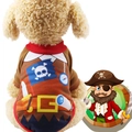 Brown pirate themed pet costume for dogs featuring skull flag and red ribbed collar design - Brown Pirate Costume