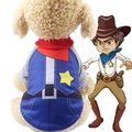 Funny denim theme cowboy pet costume for cats and small dogs with red ribbed collar detail - Blue Cowboy Theme Costume