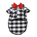 Detail of plaid pet shirt with red satin bowtie and white buttons on a clean white backdrop - XS (Chest 30cm Back 20cm) / Black White Plaid Bow Tie Shirt