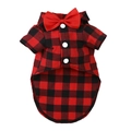 Detail of red bison plaid dog suit with a stiff red bow tie and white buttons - XS (Chest 30cm Back 20cm) / Red Black Plaid Bow Tie Shirt