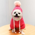 Gros plan d'un sweat à capuche rose pour chien avec pompon pelucheux et cordons blancs - S / Rose rouge