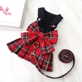 Arnés y correa de cuadros estilo JK para mascotas con lazo y bordado de corazón rosa - M (Pecho 40cm, Largo de Espalda 30cm) / Conjunto de Vestido Arnés / Cuadros Negros y Rojos