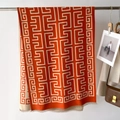 Dettaglio scialle in maglia arancione con motivi greci beige e bordi a frange - 66*186cm / Arancione