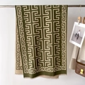 Dettaglio dello scialle in maglia verde oliva con motivi geometrici e bordi a frange - 66*186cm / Verde
