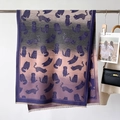 Detail of gradient purple and pink scarf featuring vintage cat patterns and fine fringe - Purple