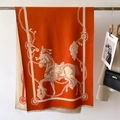 Detail view of horse and chain pattern on thick fringed orange cashmere-like shawl - 186x66cm / Orange