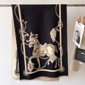 Black and beige pashmina shawl with equestrian horse print and delicate tassels - 186x66cm / Black