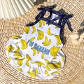 Vestido de verano para mascotas con estampado de bananas y lazos azules decorativos - M / Vestido-Patrón de Plátano