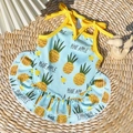 Vestido azul para mascotas con estampado de piña y lazos amarillos para perros y gatos - M / Vestido-Piña