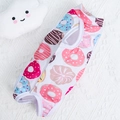 Dog and cat recovery suit featuring colorful donut prints on white elastic fabric - Donut