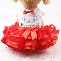 Dog princess dress with red tiered mesh skirt and cute cartoon print on white vest - Doll Tutu Dress Red