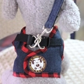 Dog harness and leash set with red plaid and denim fabric featuring a round SHINE patch - Dark Denim (Red Plaid Edging)