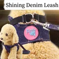 Denim dog harness set in dark blue with yellow stitching and pink rubber logo detail - Dark Denim (Rose Red Label) No Edging