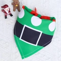 Detail of green Christmas dog bandana with elf belt design on white knit background - Green Black Belt