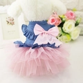 Denim blue and pink tutu pet dress with a large satin bow and faux pearl detail - Denim Mesh Princess Dress Pink