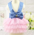 Blue denim and pink tutu pet dress with bow detail for small dogs and cats - Sling Pink Mesh Denim