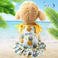 Blue mesh pet dress with yellow pineapple print and ribbon shoulder straps for small dogs - Dress-Pineapple