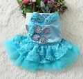 Blue Chinese style pet dress with floral embroidery and fluffy mesh tutu for dogs and cats - S (Chest 35cm 3-5lb) / Chinese Style Button Dress / Blue