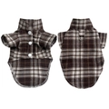 Brown plaid pet shirt for dogs and cats with white buttons and D-ring harness link - Brown Plaid Shirt With D-Ring