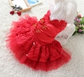 Red pet dress with traditional Chinese knots and sequined mesh skirt for small dogs - S (Chest 35cm 3-5lb) / Chinese Style Button Dress / Red