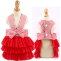 Red and white striped pet tutu dress with mesh layers and decorative bow for small dogs - Sling Striped Dress Bright Red