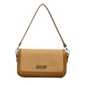 Retro shoulder bag with woven straw and brown leather panels and silver metal plaque - Yellow Brown