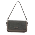 Retro shoulder bag with grey woven flap and dark brown leather trim with metal detail - Gray