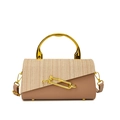 Elegante borsa beige con patta intrecciata e manico dorato in pelle PU di lusso - Cachi