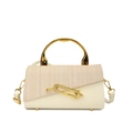 Beige tweed and leather box bag with golden ring handle and metal clasp - White