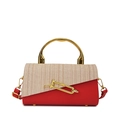 Red and beige contrast PU leather handbag with circular gold handle and buckle - Red