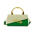 Green PU leather box handbag with light green woven flap and gold circular handle - Green