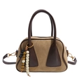 Bolso Boston retro de ante y cuero con cuentas decorativas y correa bandolera - Caqui