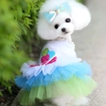 Dog tutu dress with colorful heart patches and matching blue bow for small pets - Lip Pattern Dress Blue