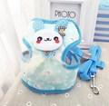 Blue polka dot dog harness with white lace, cartoon bunny patch and matching leash - Blue Mesh Bunny Style
