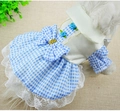 Blue and white plaid dog dress with large bow and lace trim detail for small pets - Plaid Dress Blue