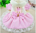 Pink and white gingham pet dress with lace trim and elegant rose bow detail - Plaid Dress Pink