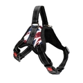 Detail of union jack dog harness with reflective stitching and sturdy control handle - UK Flag Pattern