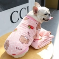 Close-up of pink fleece pet sweater with bear and strawberry prints on a French Bulldog - Pink Strawberry Bear