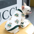French Bulldog wearing a warm fleece pet sweater with cartoon bear print and LOVED text - White with Dark Green Bear