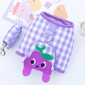 Detailed view of purple plaid dog harness with a cute cartoon character pocket and D-ring - M / Purple Gingham Grape