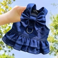 Detail of dark blue denim pet harness dress with bow and reinforced D-ring connector - Style 304 Royal Blue Denim Skirt