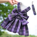 Arnés de perro a cuadros morados con correa, lazo y forro de malla transpirable - M (Pecho 40cm, Largo de Espalda 30cm) / Conjunto de Vestido Arnés / Dark Purple Plaid